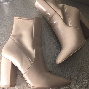 Beige ankle high block heels